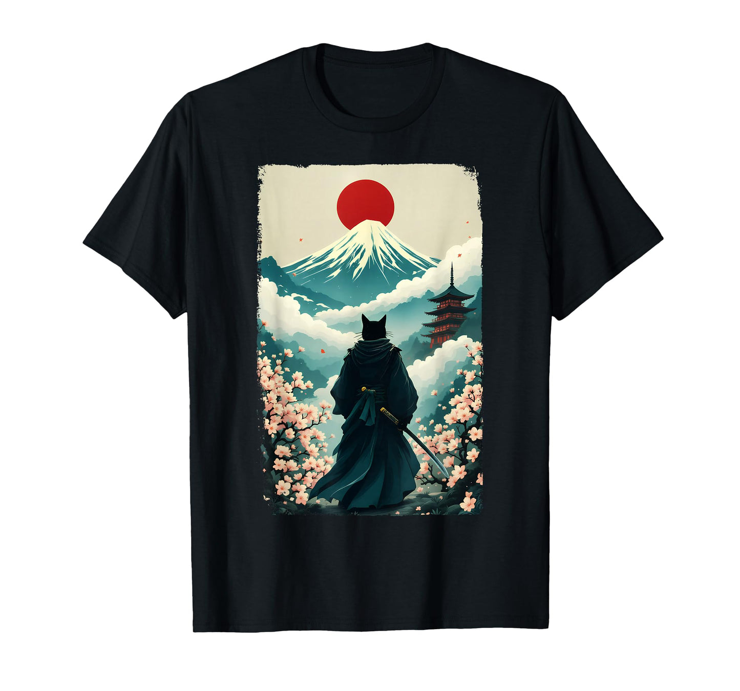 Samurai Cat Warrior Fuji Mount Vintage Japanese Art Graphic T-Shirt