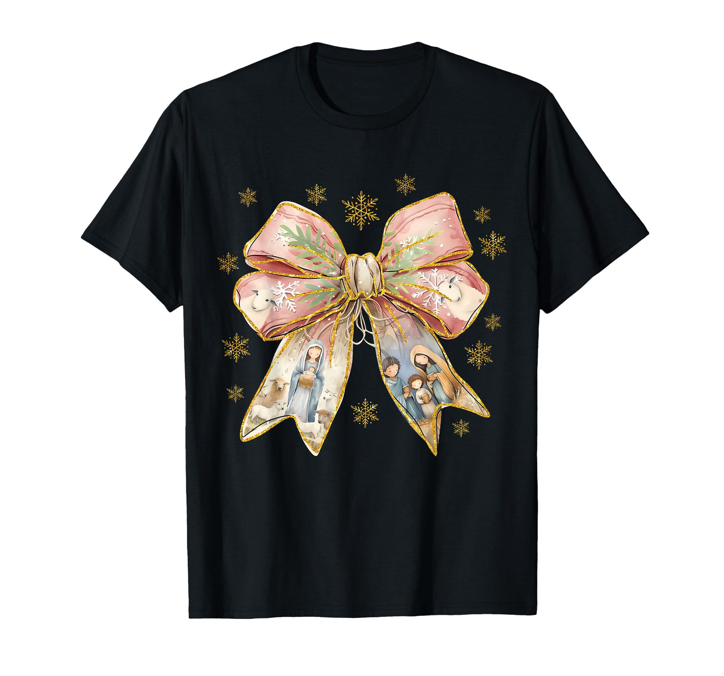 Jesus Christmas Coquette Bow Nativity Scene Christian Women T-Shirt
