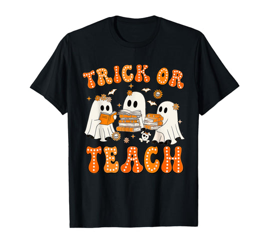 Teacher Halloween Trick or Teach Retro Groovy Floral Ghost T-Shirt