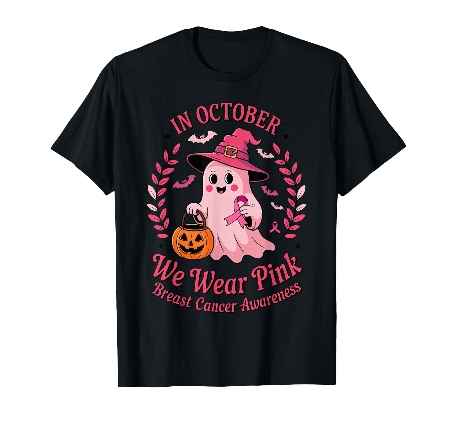 Ghost Witch in October We Wear Pink Pumpkin Breast Cancer T-Shirt
