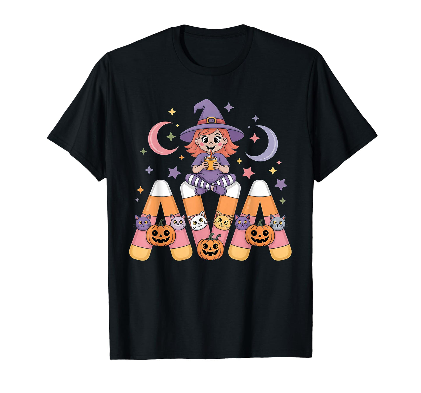 Ava Witch Candy Corn Cat Halloween Women and Girls T-Shirt