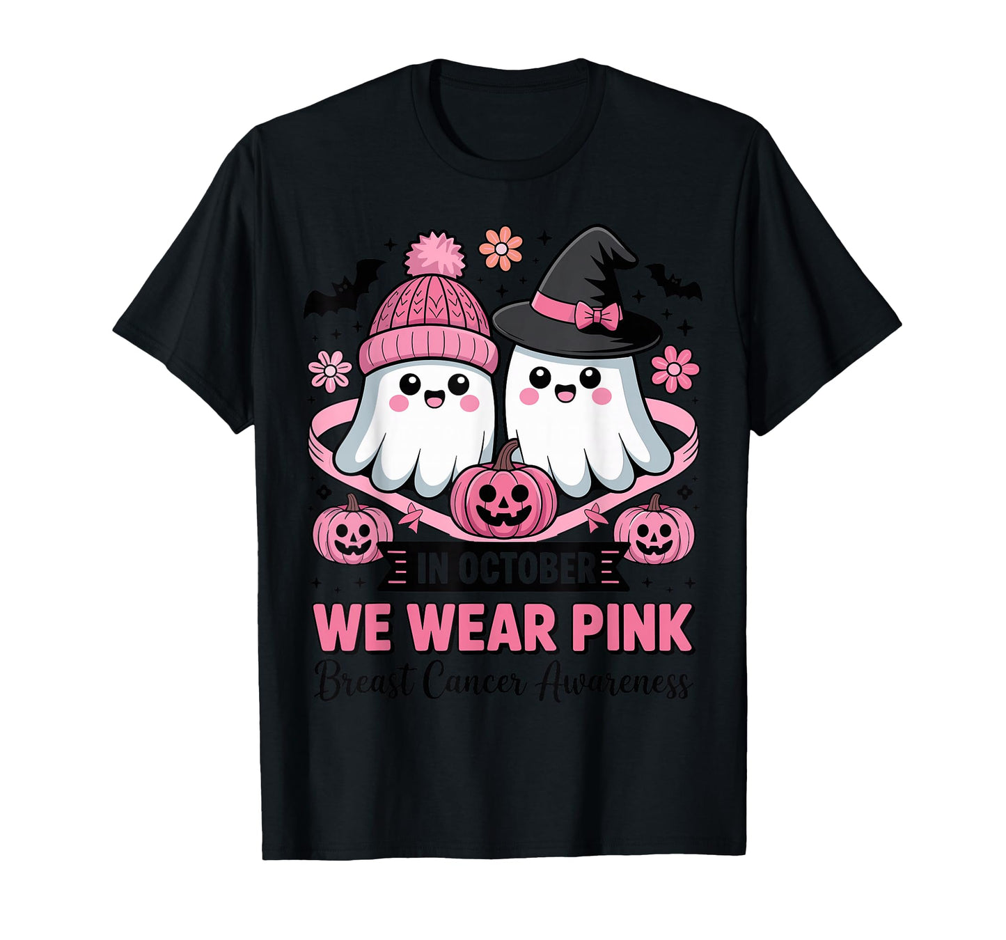 in October We Wear Pink Ghost Witch Breast Cancer Awareness T-Shirt