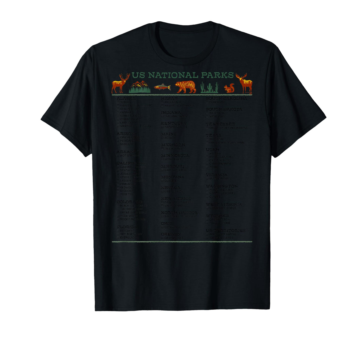 US National Parks Checklist List by State DESIGN ON BACK T-Shirt