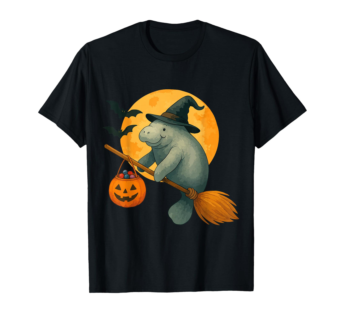 Spooky Halloween Manatee Witch Broom Pumpkin Moon Scary Fan T-Shirt