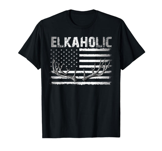 Elk Hunting Elkaholic Hunters Funny US Flag Hunting Lovers T-Shirt