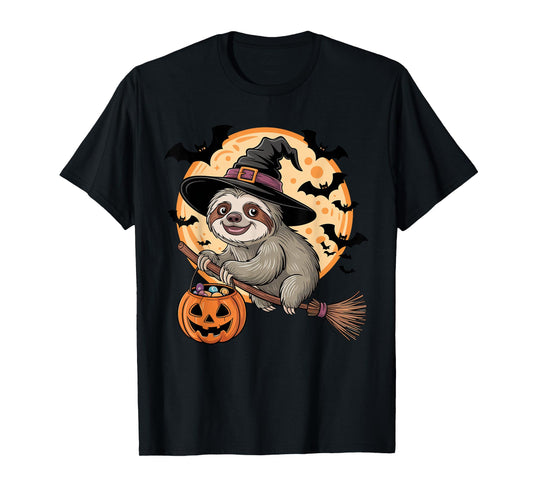 Cute Sloth Witch Riding Broom Halloween Pumpkin Kids Boys T-Shirt