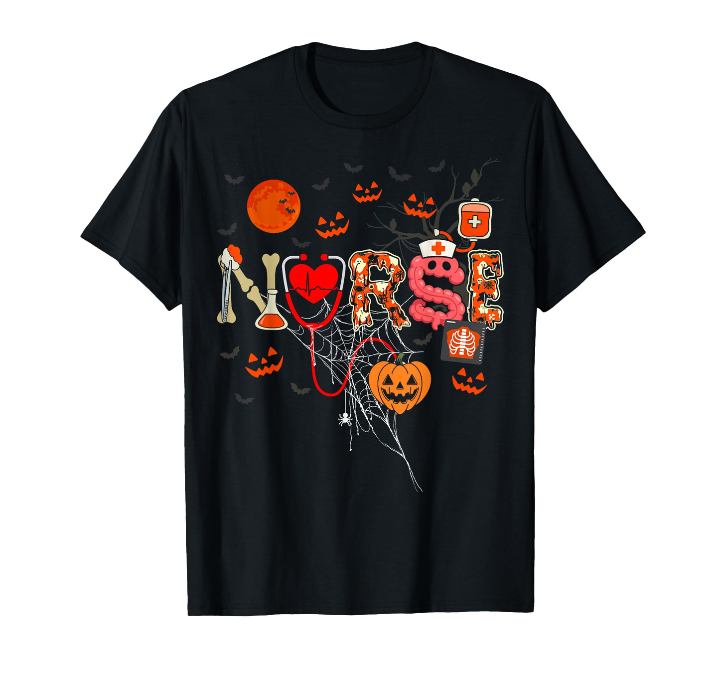 Nurse Funny Stethoscope Nurse Pumpkin Skull Lover Halloween T-Shirt