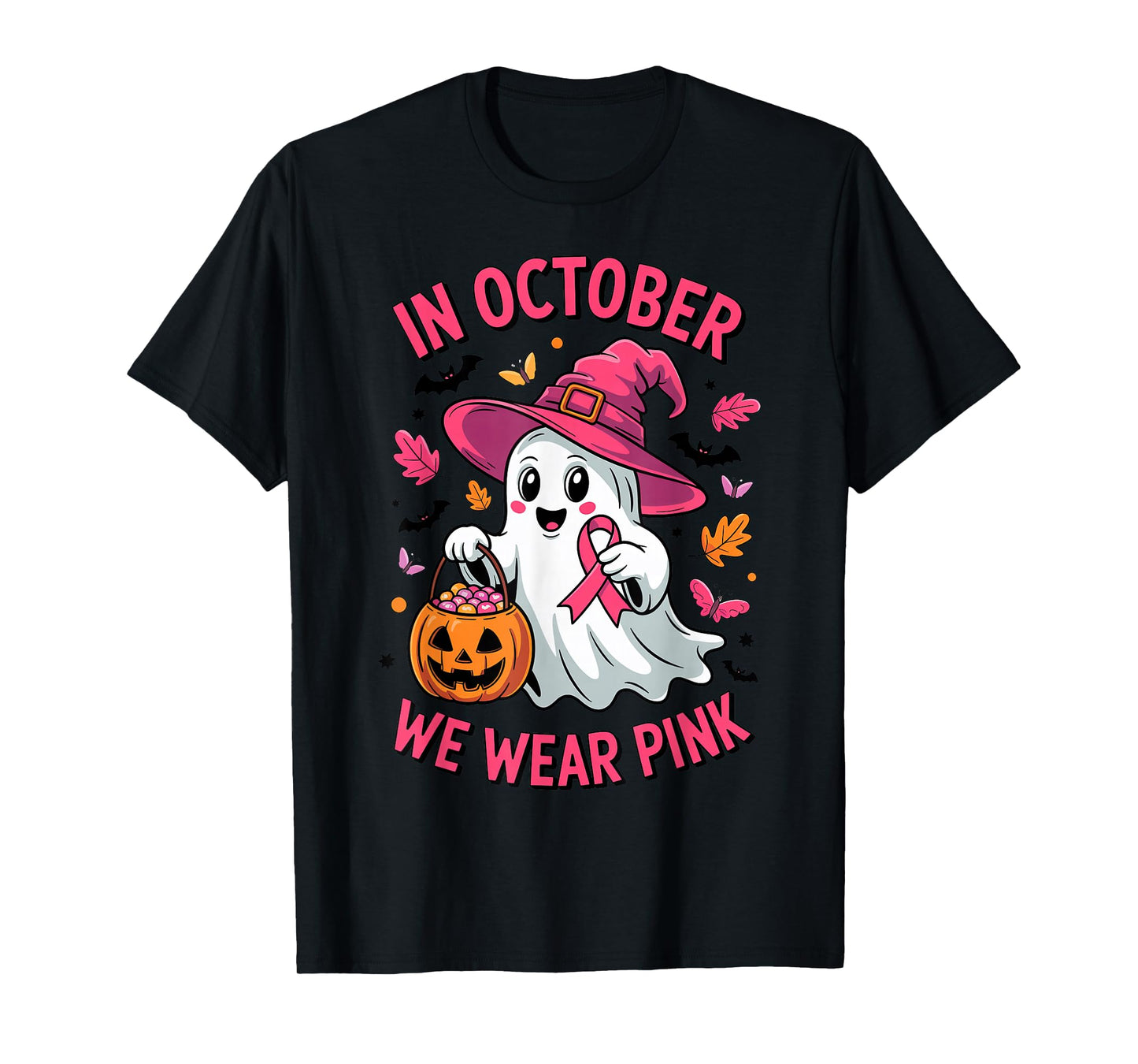 Cute Ghost Pumpkin in October We Wear Pink Costume Halloween T-Shirt