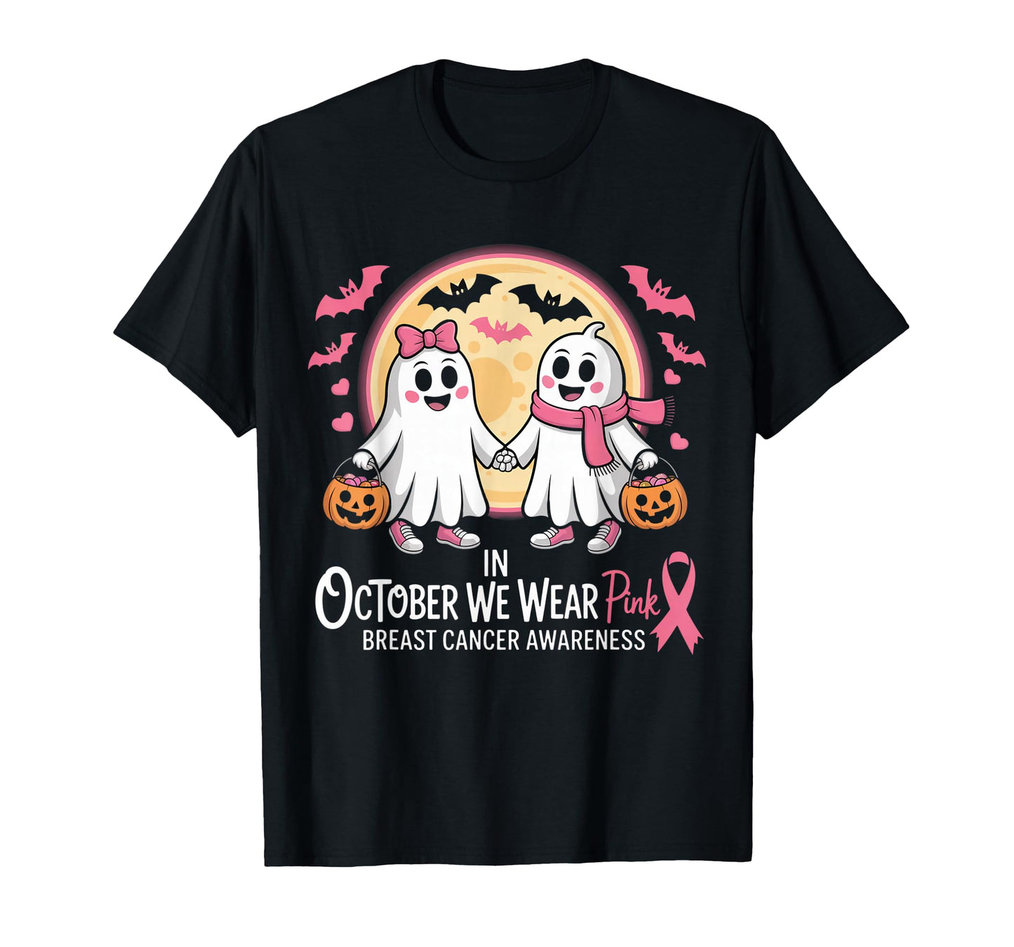in October We Wear Pink Ghost Witch Breast Cancer Awareness T-Shirt
