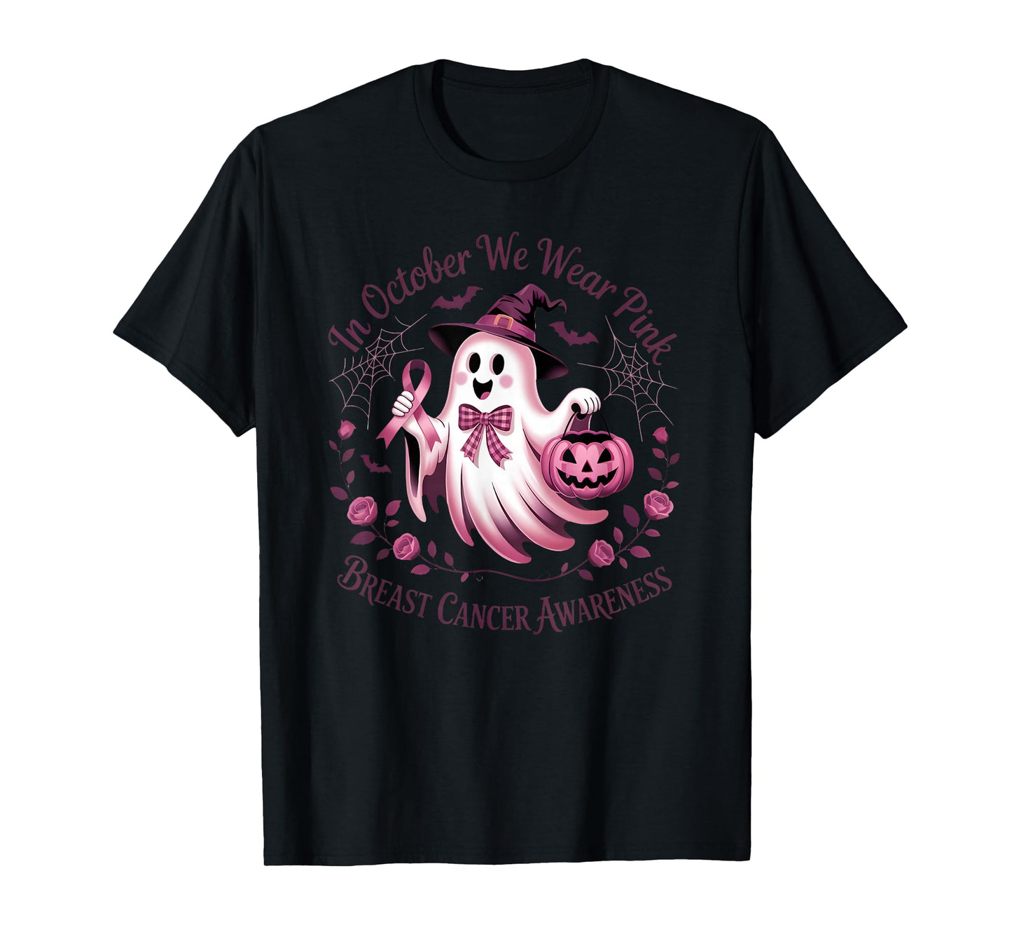 in October We Wear Pink Ghost Breast Cancer Awareness T-Shirt
