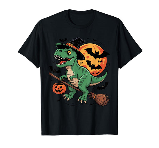 Dinosaur in Witch Hat on a Broom Halloween Spooky Costume T-Shirt
