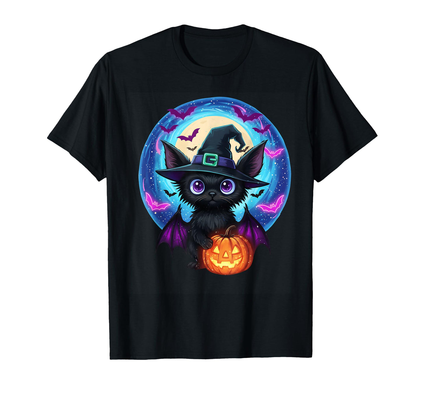 Cute bat Halloween Graphic Wearing Witch Hat with and Bats T-Shirt