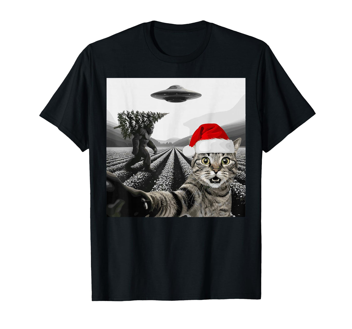 Christmas Cat Selfie Bigfoot UFO Holiday Scene T-Shirt