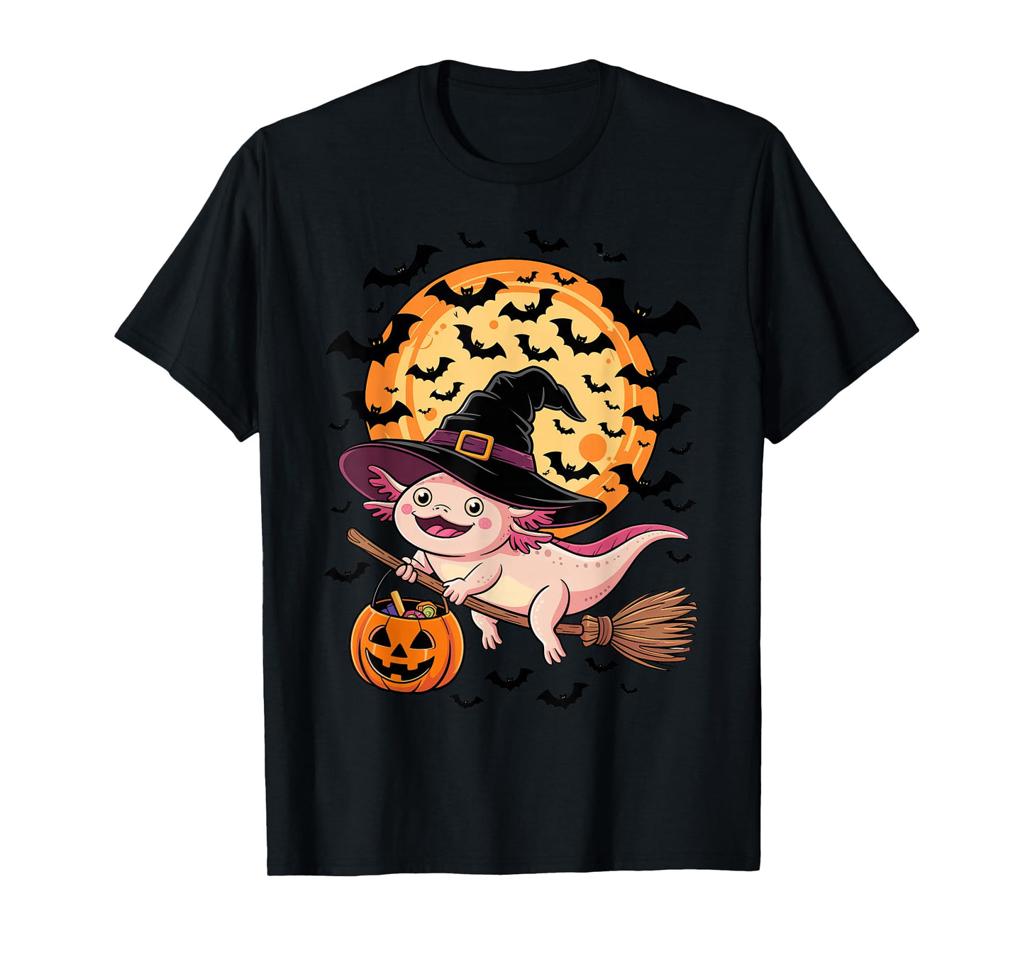 Halloween Axolotl Witch Hat and Broom Pumpkin Candy Bucket T-Shirt