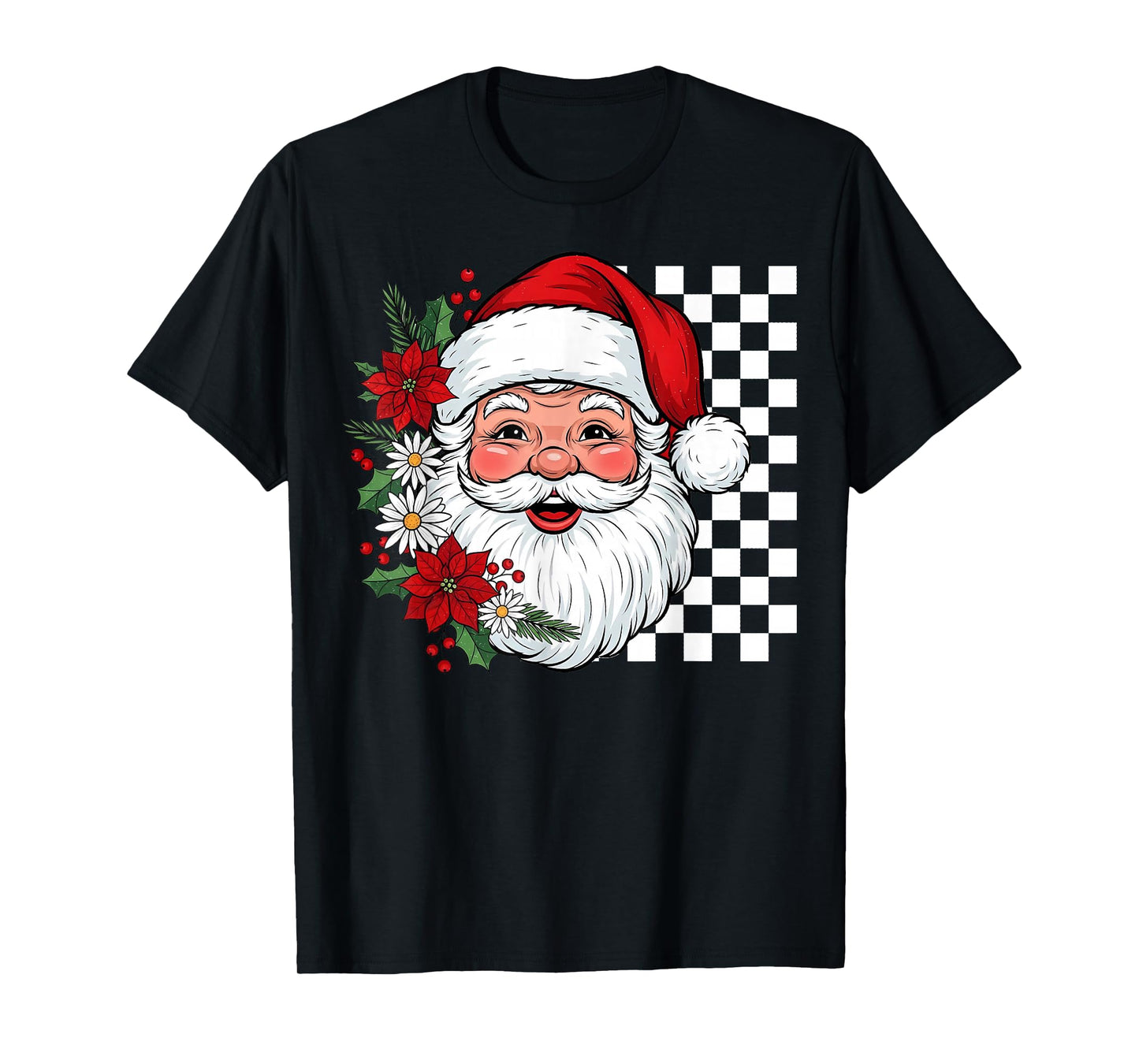 Vintage Santa Checkerboard Retro Floral Christmas Men Woman T-Shirt