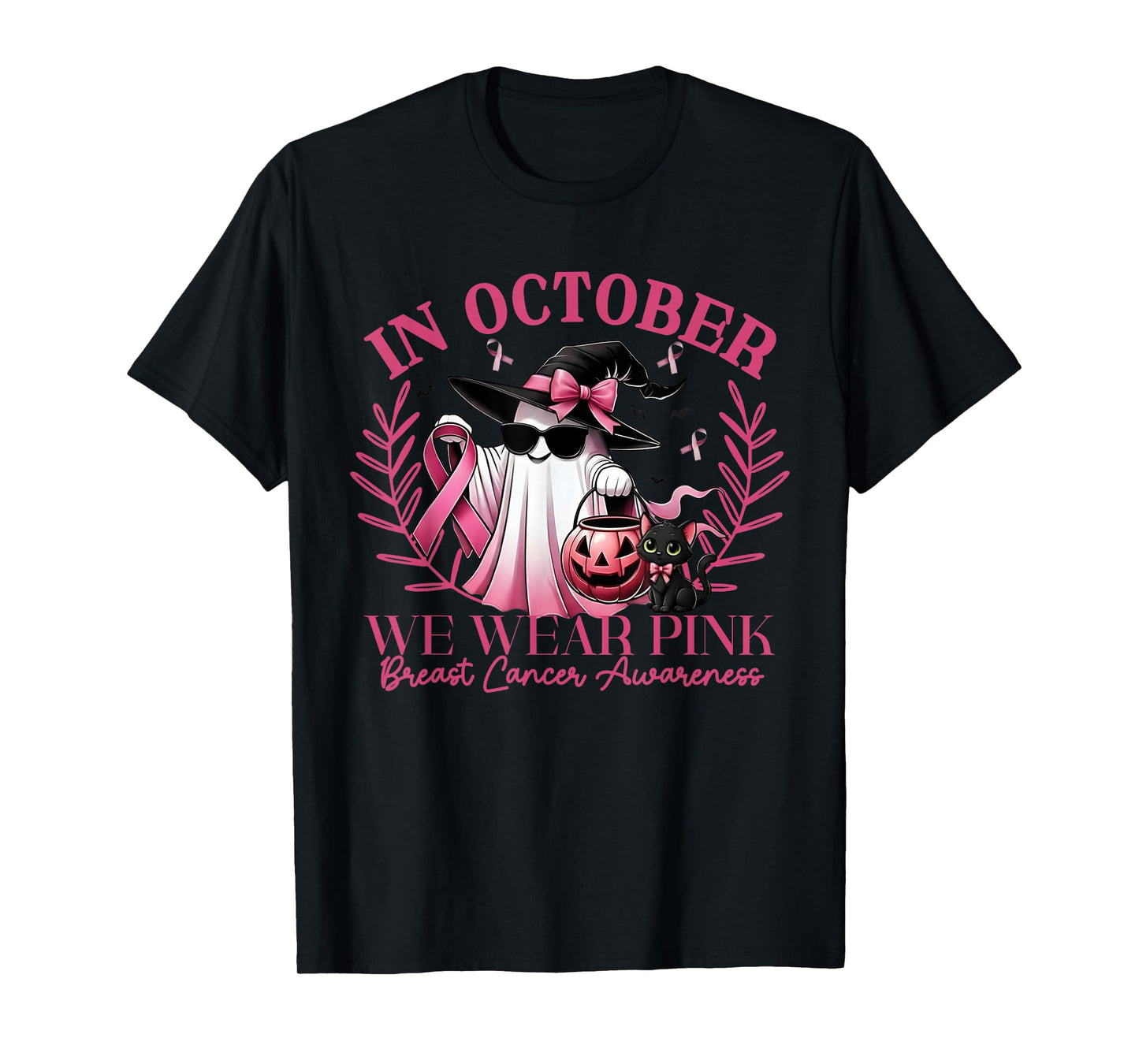 in October We Wear Pink Breast Cancer Awareness Ghost Cat T-Shirt