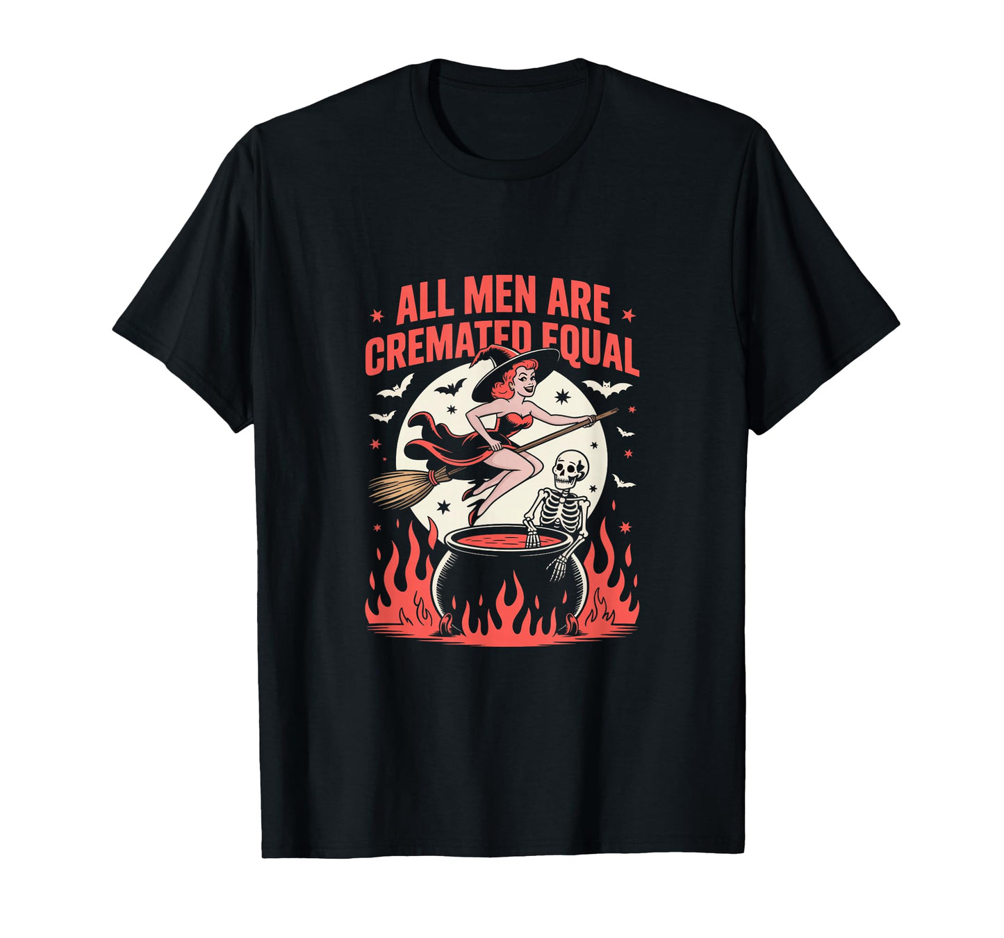 Vintage Halloween Witch Skeleton Retro Moon Bats Flames T-Shirt