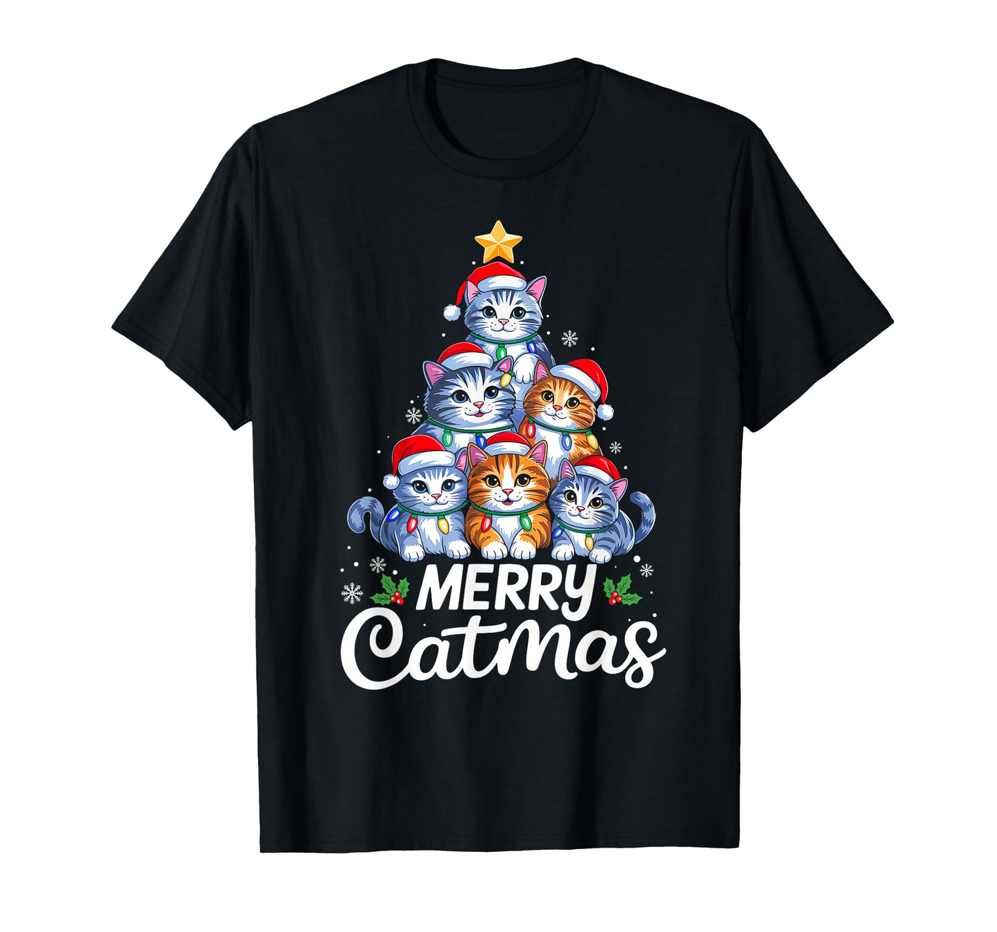 Merry Catmas Christmas Tree Lights Cat Kitten Santa Hat Xmas T-Shirt