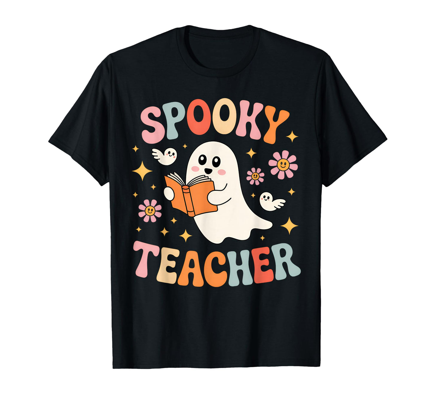 Groovy Spooky Season Teacher Halloween Retro Floral Ghost T-Shirt