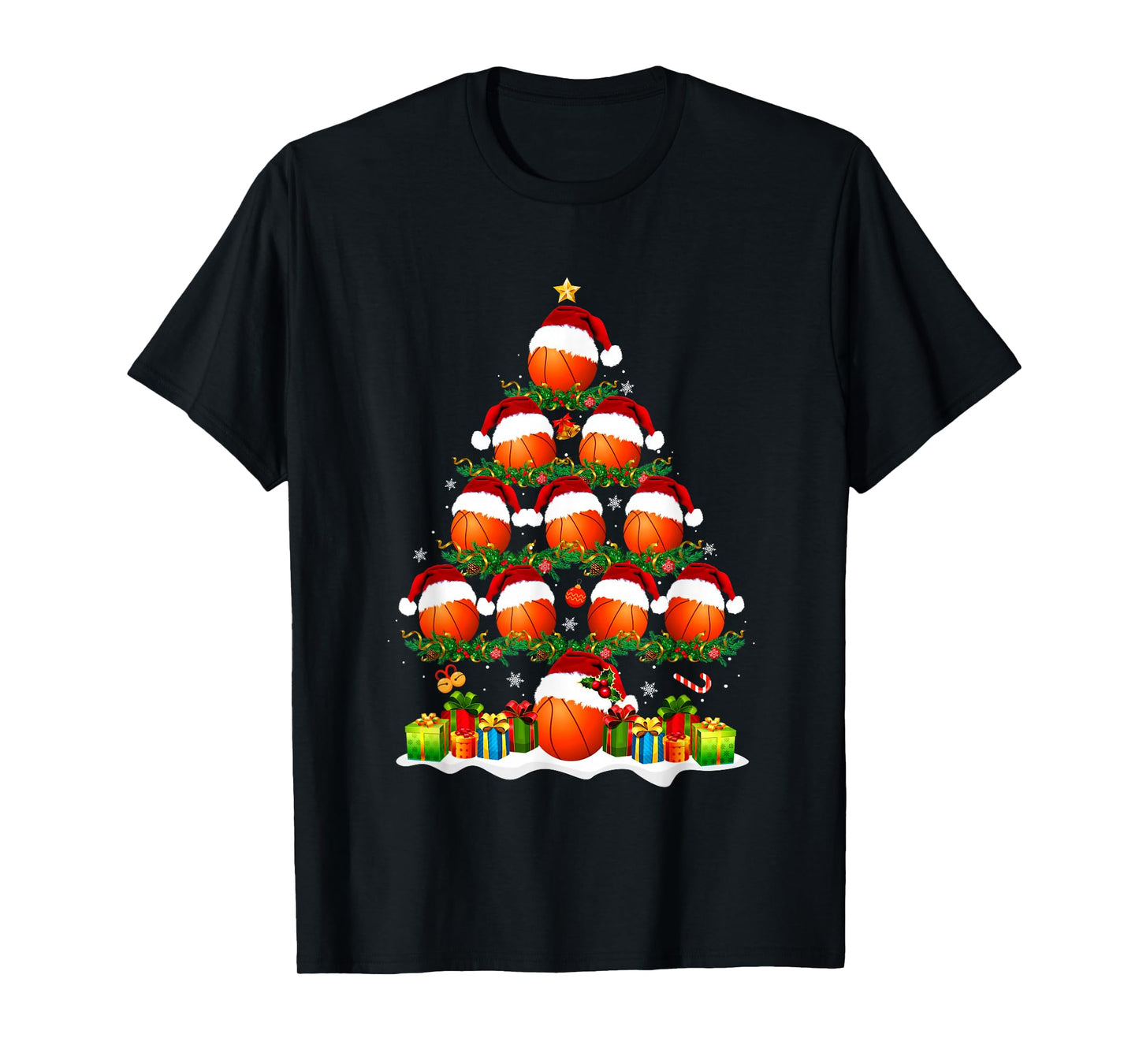 Basketball Christmas Tree Lights Funny Xmas Men Boys Kids T-Shirt