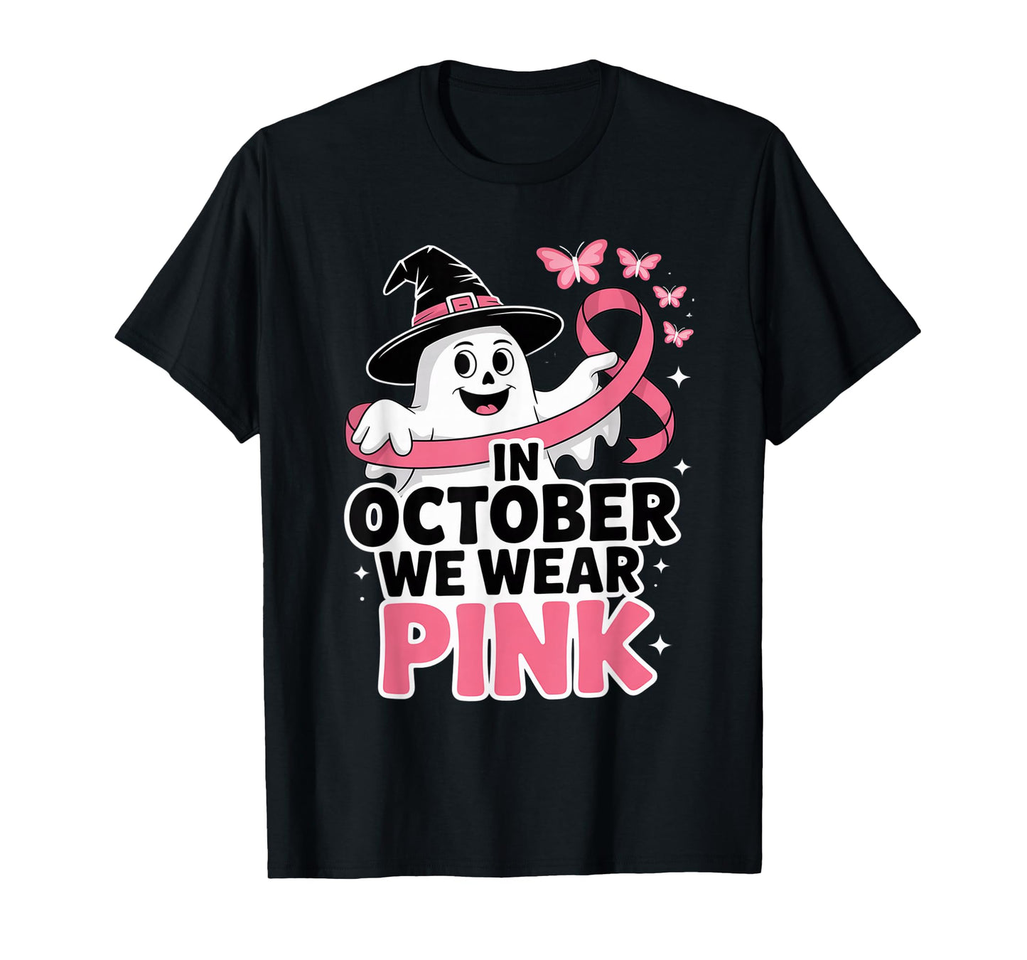 in October We Wear Pink Ghost Witch Breast Cancer Awareness T-Shirt