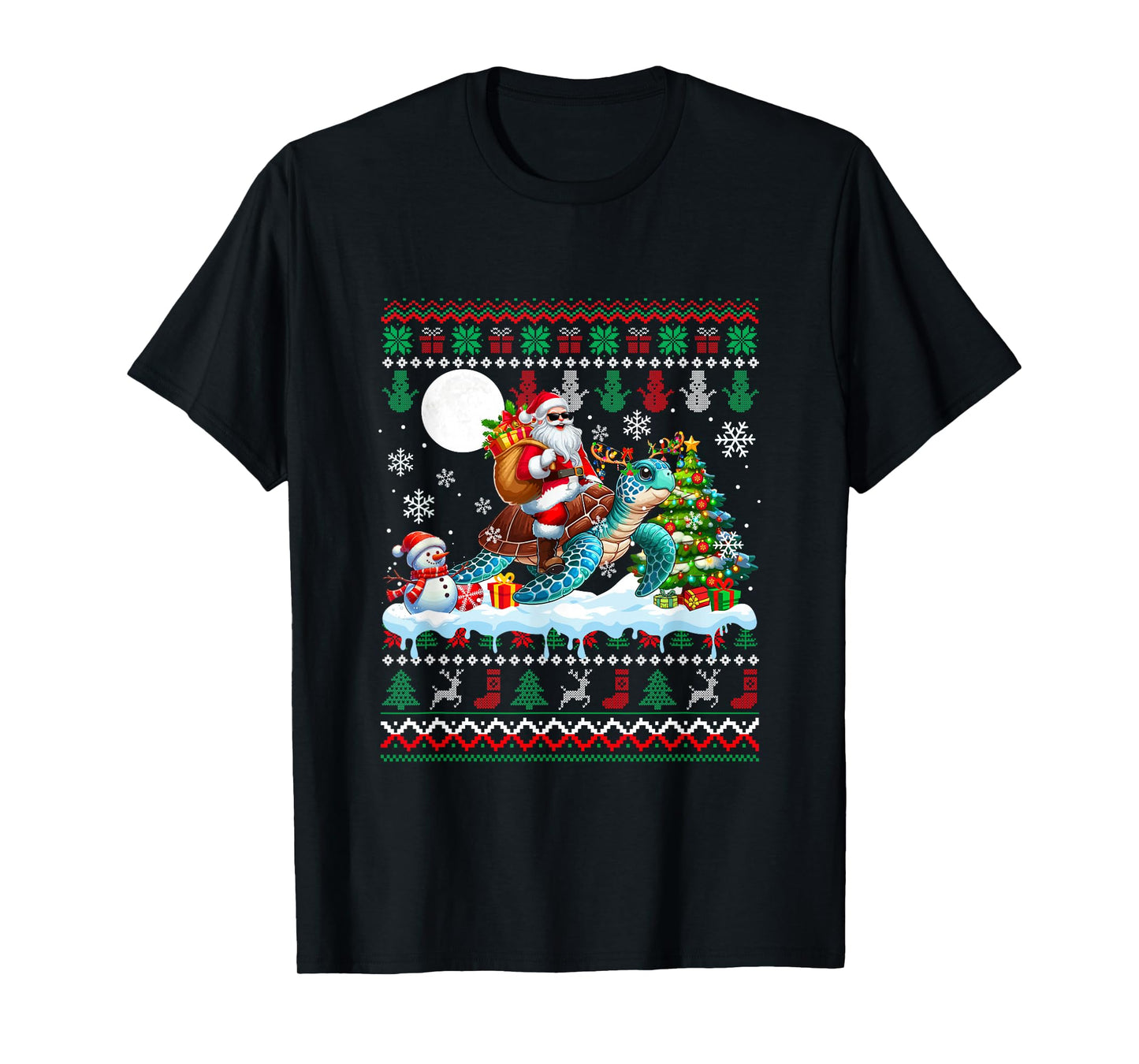 Santa Riding Reindeer Turtle Sweater Xmas Tree Snowman T-Shirt