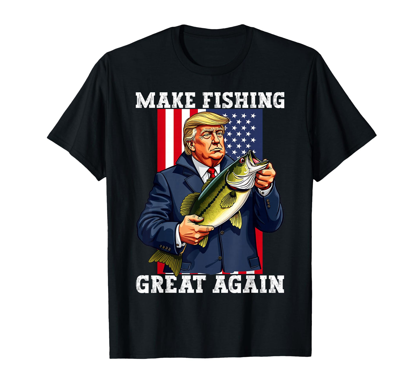 Patriotic Fisherman 'Make Fishing Great Again' Funny Bass Fishing Humor Trump T-Shirt - Black, Unisex-Adults, Short Sleeve, Classic Fit, Cotton Blend, Small