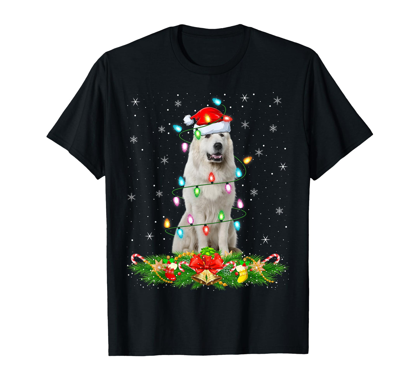 Great Pyrenees Dog Christmas Lights Funny Santa Hat Xmas T-Shirt