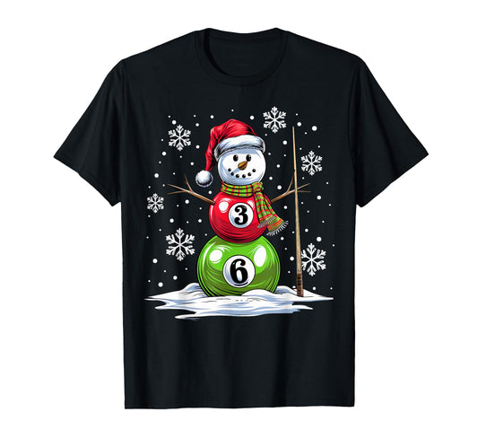 Pool Game Balls Snowman Billiards Player Funny Christmas T-Shirt