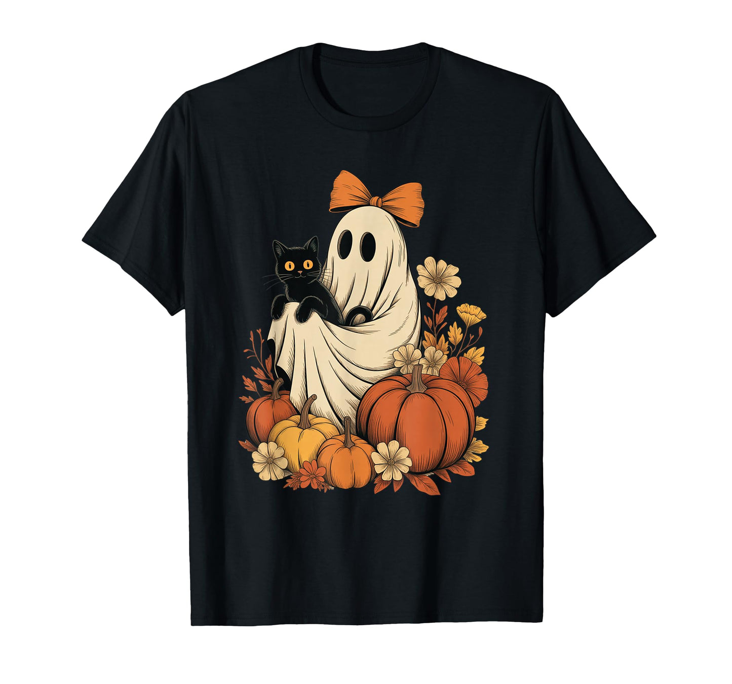 Vintage Halloween Ghost Holding Black Cat Groovy Floral T-Shirt