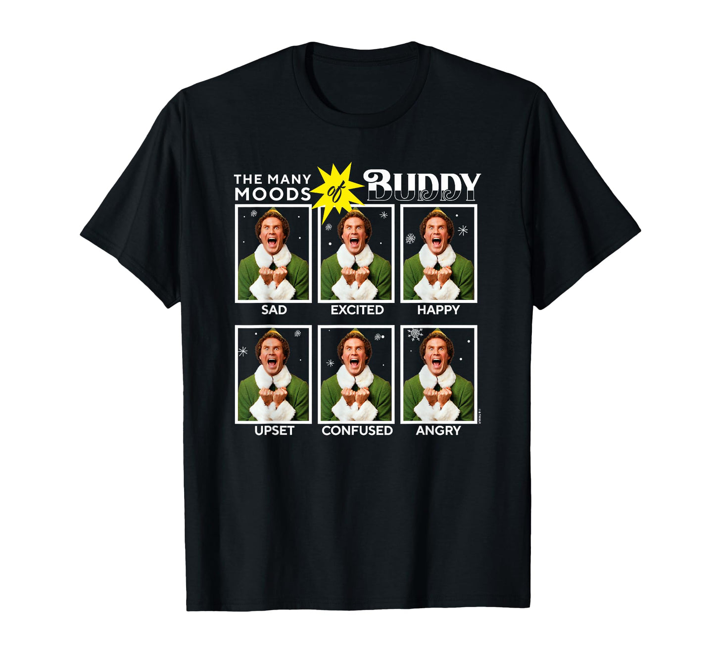 Elf Christmas The Many Moods of Buddy Funny Emotions Chart T-Shirt