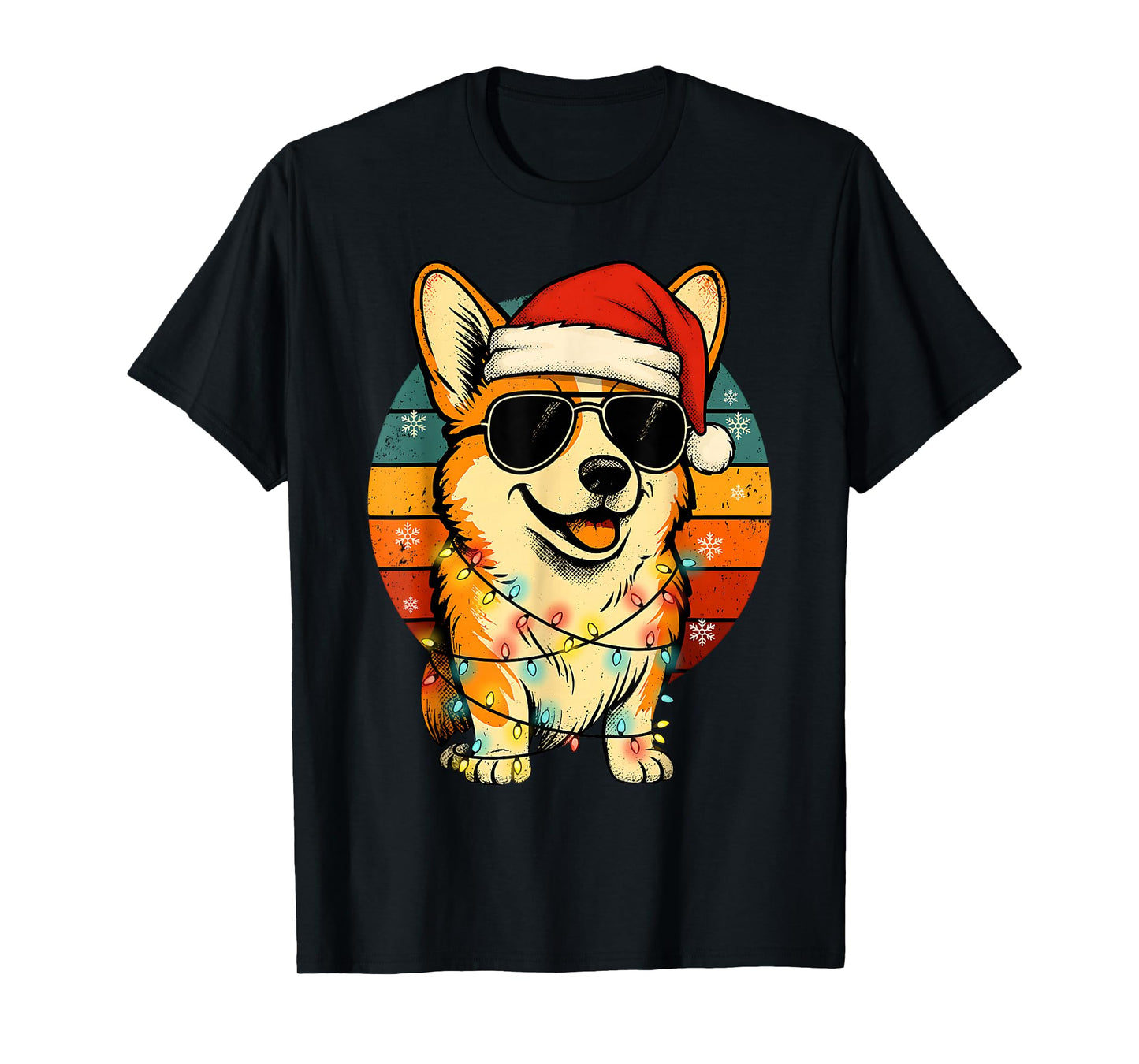 Retro Corgi in Santa Hat Christmas Lights Funny Corgi Xmas T-Shirt