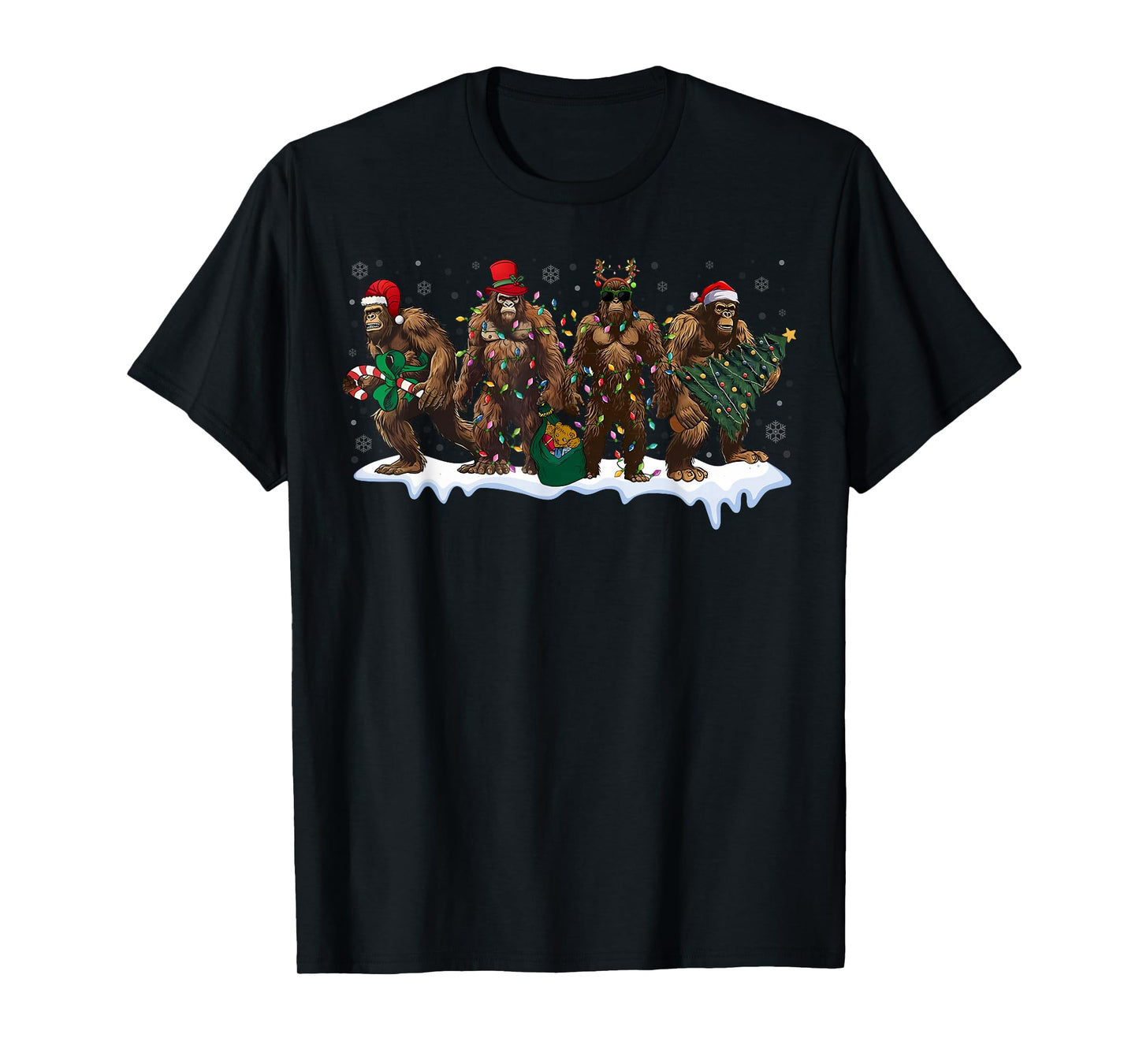 Funny Bigfoot Santa Hat Lights Christmas Sasquatch Pajamas T-Shirt