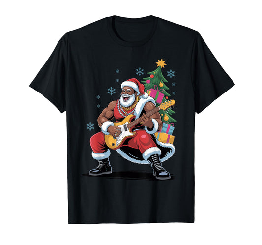 Afro Santa Playing Guitar African American Christmas Holiday T-Shirt