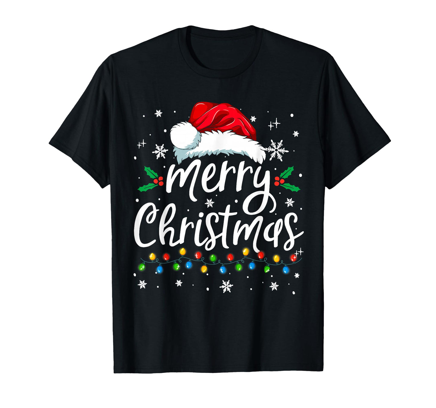Merry Christmas Lights Red Santa Hat Xmas Family Matching T-Shirt