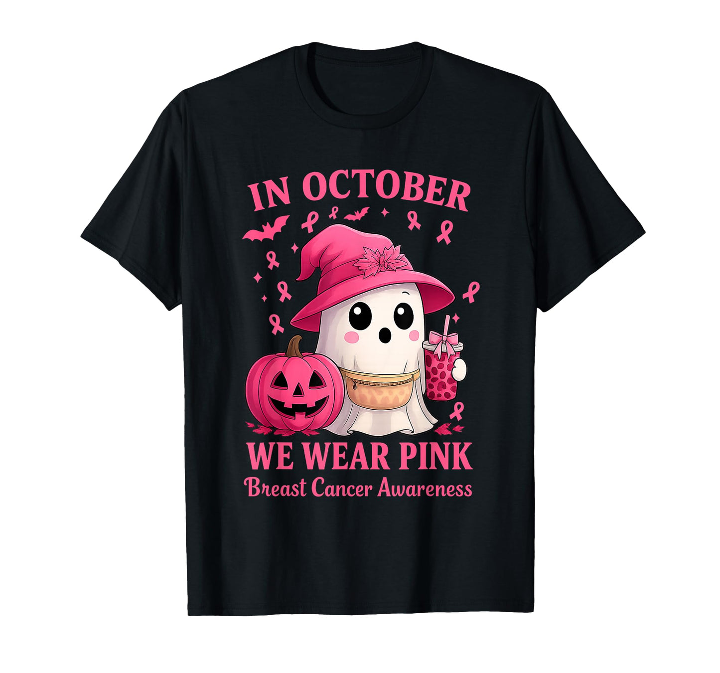 Breast Cancer Halloween in October We Wear Pink Ghost Witch T-Shirt