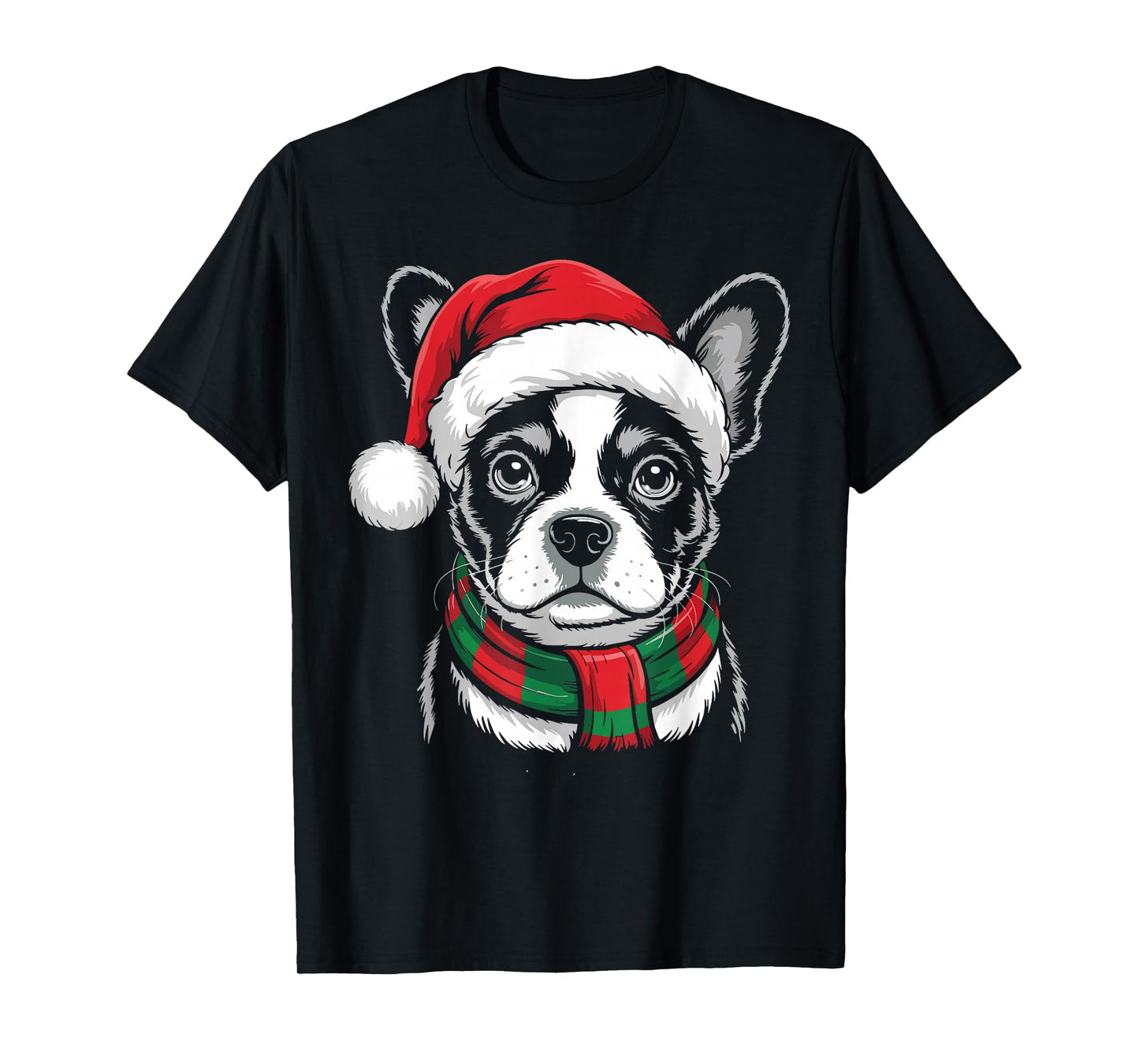Frenchie Dog Xmas Santa Hat Scarf Christmas Costume T-Shirt