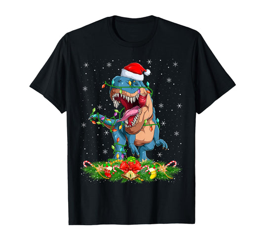 Dinosaur T-Rex Christmas Lights Funny Santa Hat Xmas T-Shirt