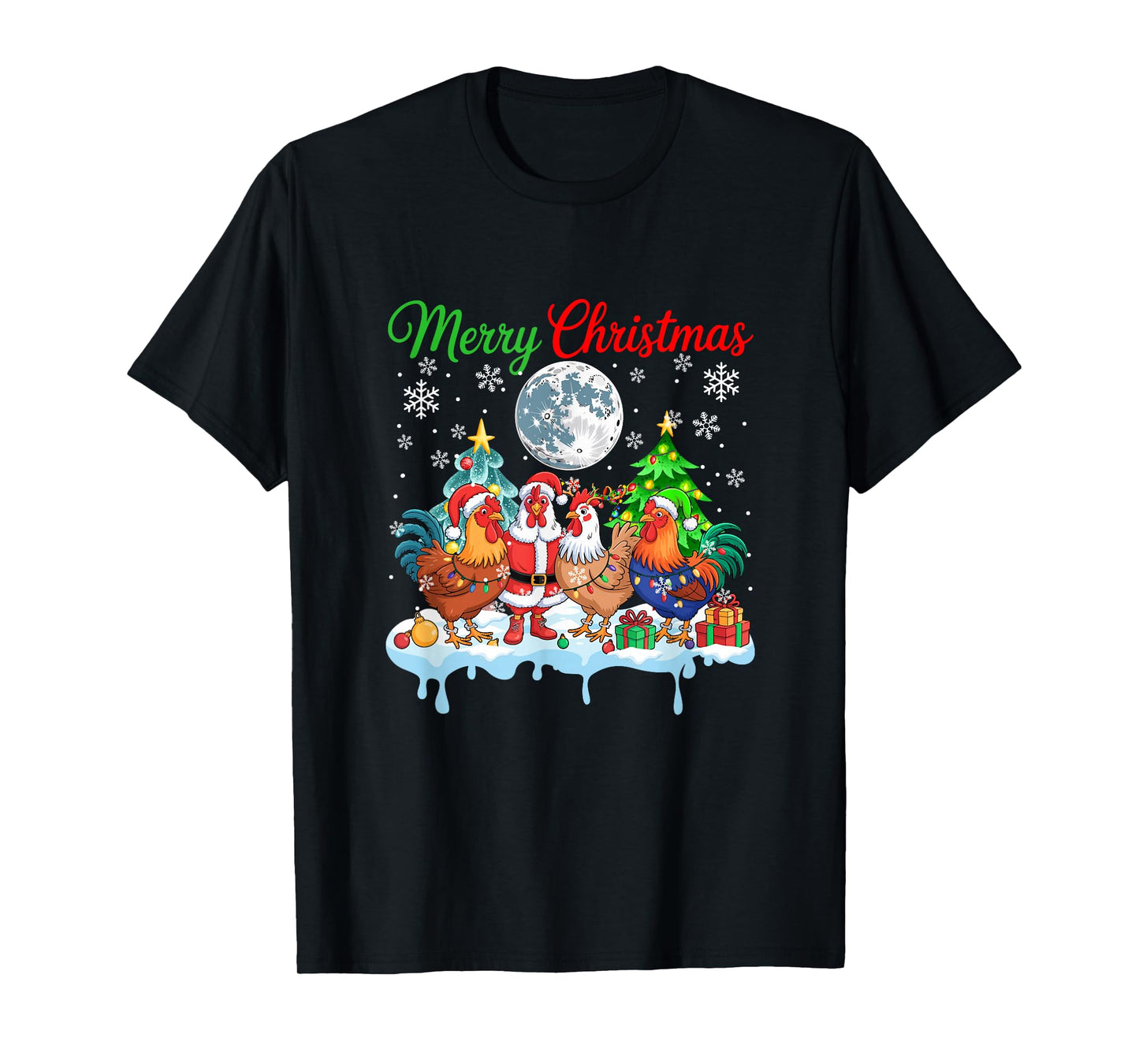 Merry Christmas Snow Group Santa Elf Reindeer Chickens Farm T-Shirt