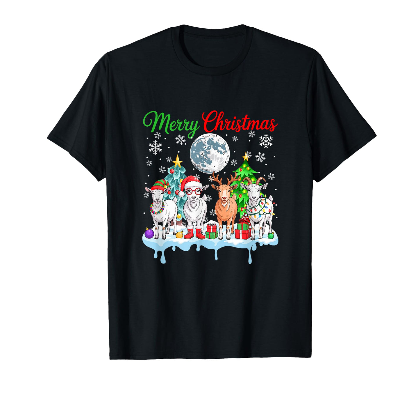 Merry Christmas Snow Group Santa Elf Reindeer Goats Farmer T-Shirt
