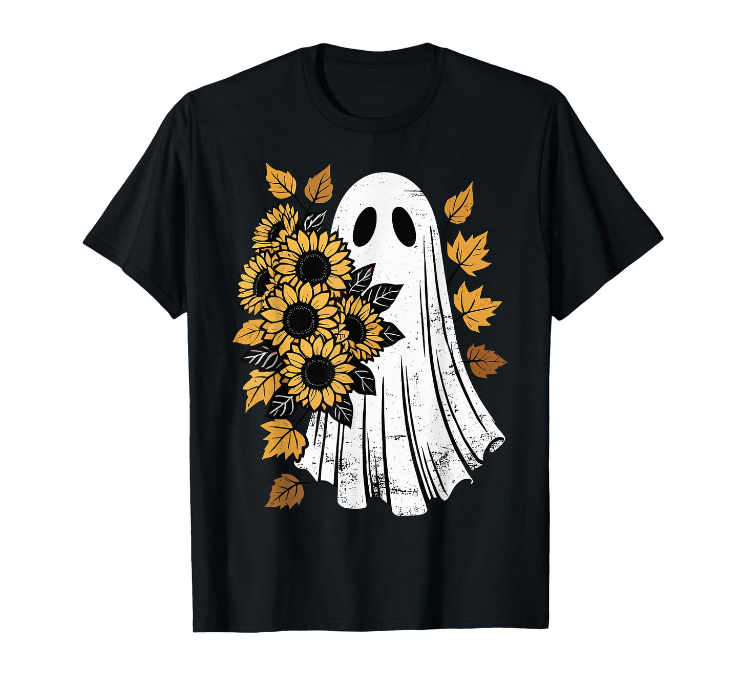 Vintage Halloween Ghost with Sunflowers Autumn Leaves Spooky T-Shirt