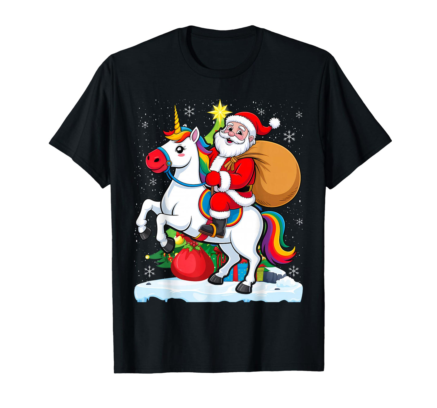 Santa Riding Unicorn Christmas Lights Merry Tree T-Shirt