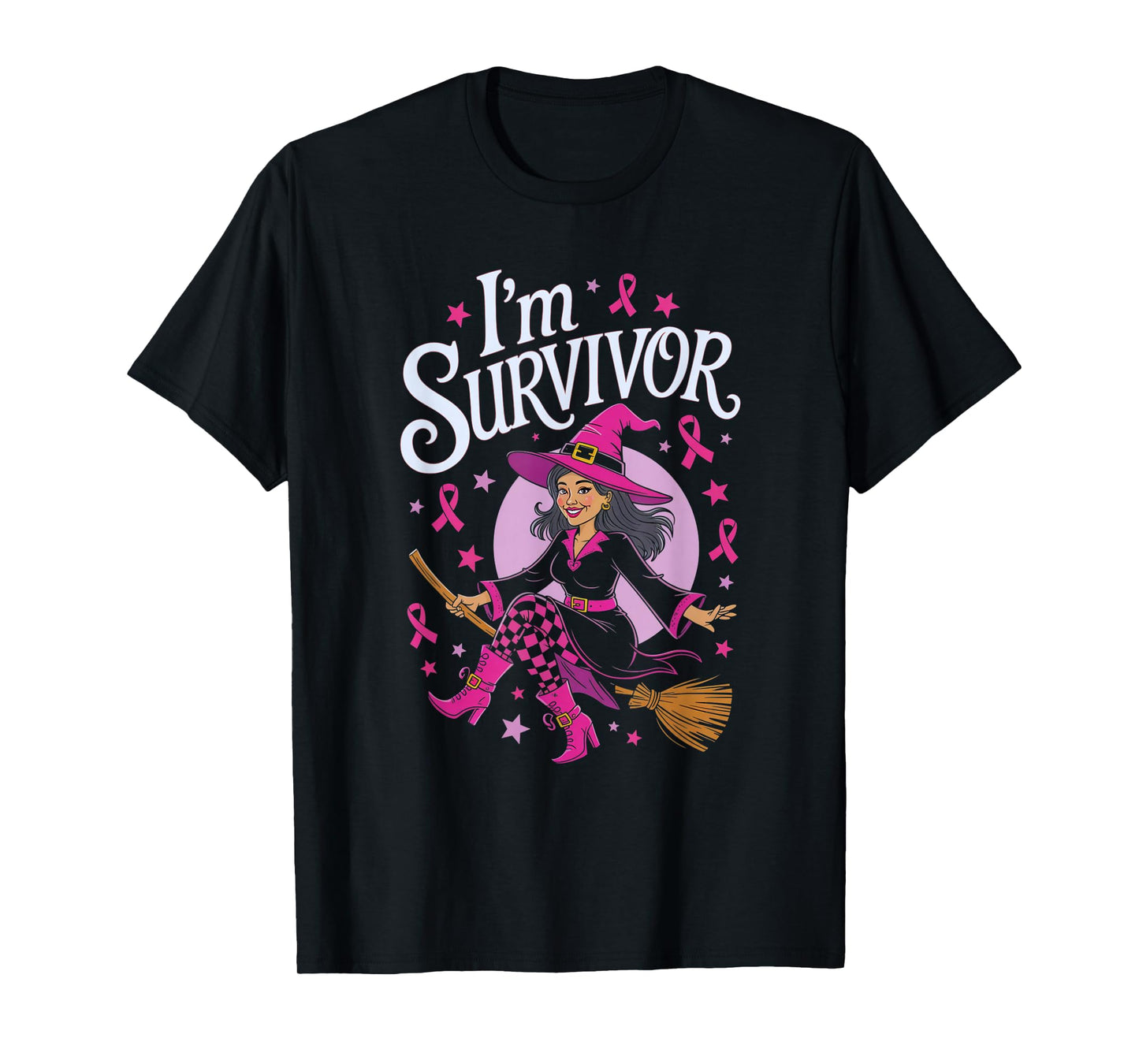 Halloween Party Witch Pink Ribbon Survivor Breast Cancer T-Shirt