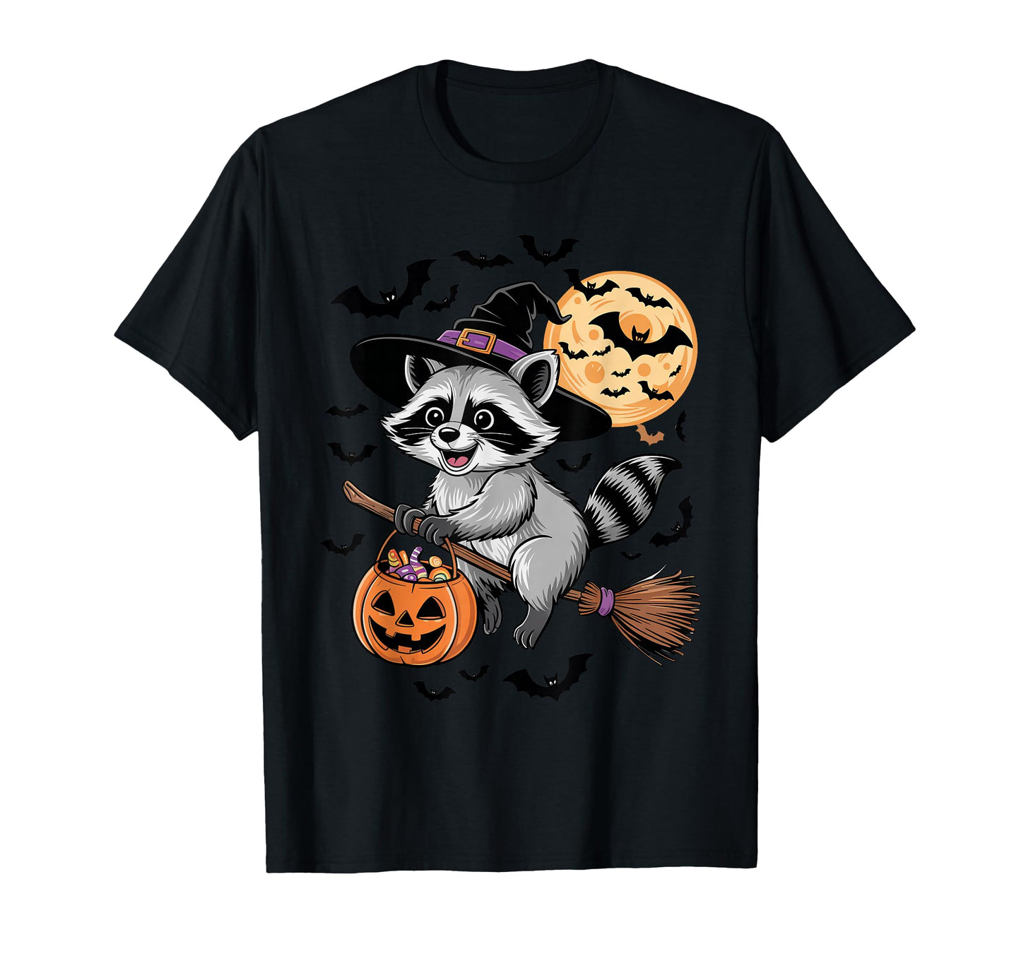 Cute Raccoon Halloween Witch Hat Jack-o-Lantern Candy Bucket T-Shirt