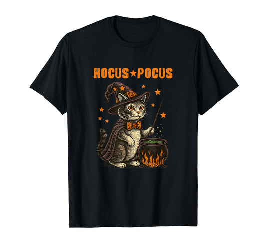 Hocus Pocus Halloween Cat Witch Hat Magic Cauldron Vintage T-Shirt