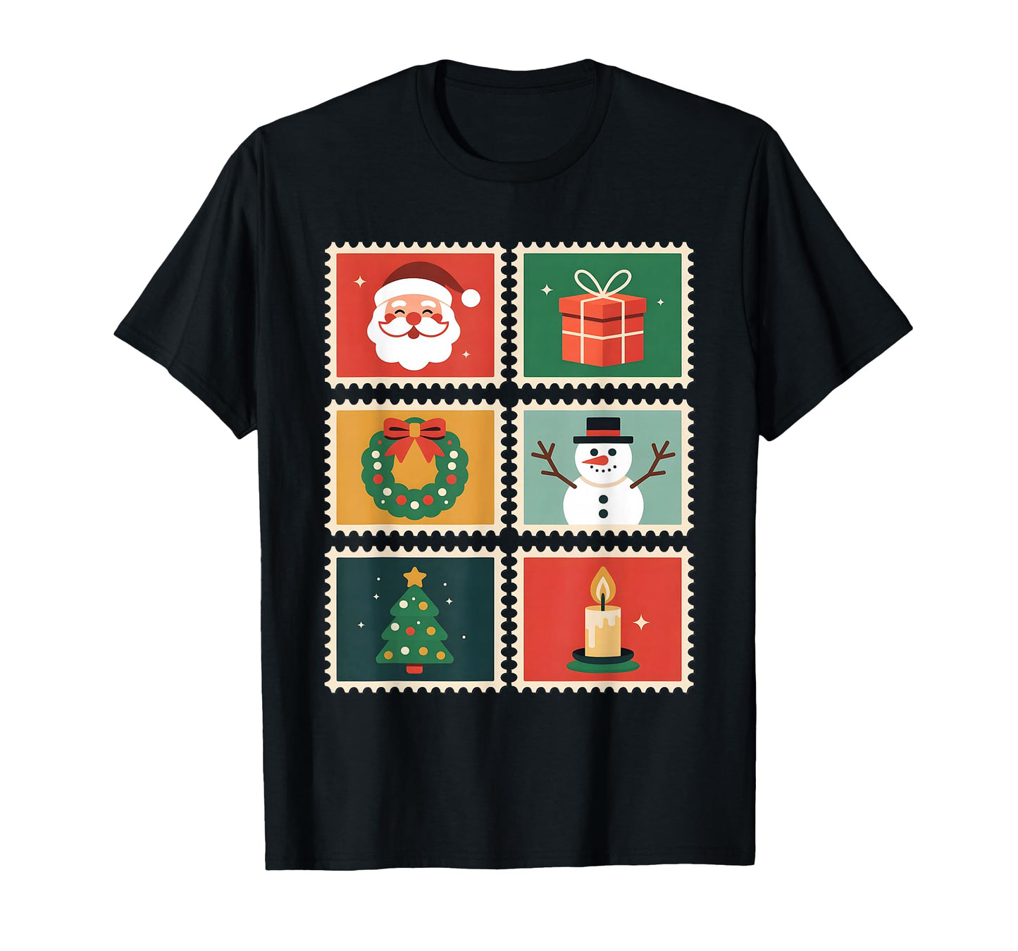 Vintage Christmas Stamps Santa Tree Wreath Holiday T-Shirt