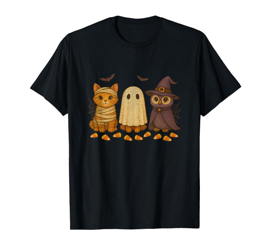Cute Retro Halloween Mummy Cat, Dog Ghost & Spooky Witch Owl T-Shirt
