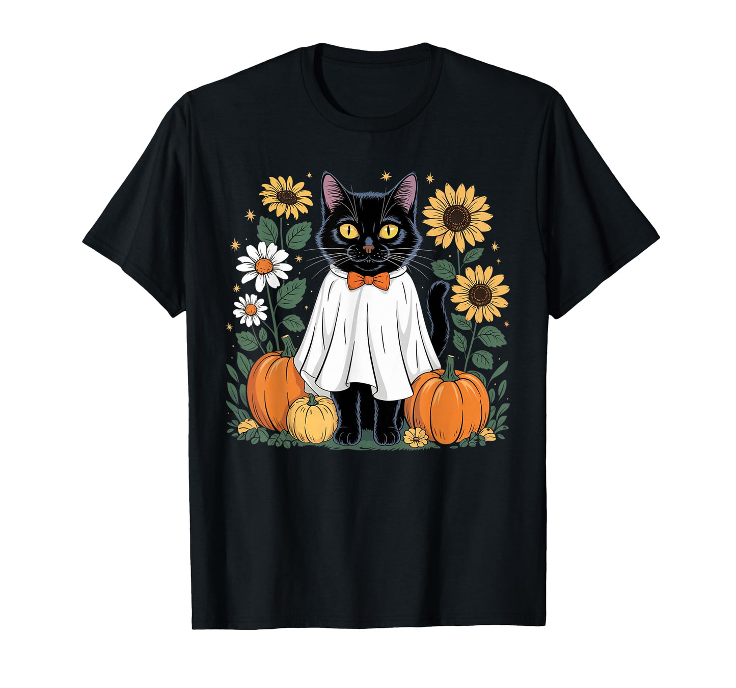 Womens Halloween Ghost Black Cat Ghost Halloween Girls T-Shirt