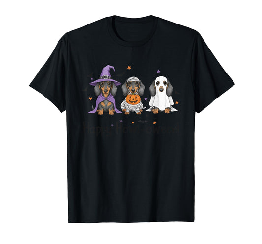Dachshund Halloween Witch Mummy Ghost Trio T-Shirt