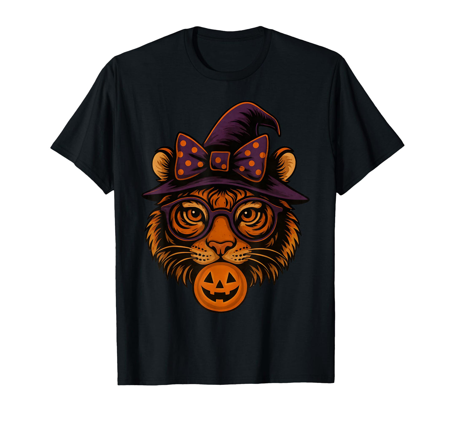 Tiger with Glasses Halloween Witch Hat and Pumpkin Funny T-Shirt